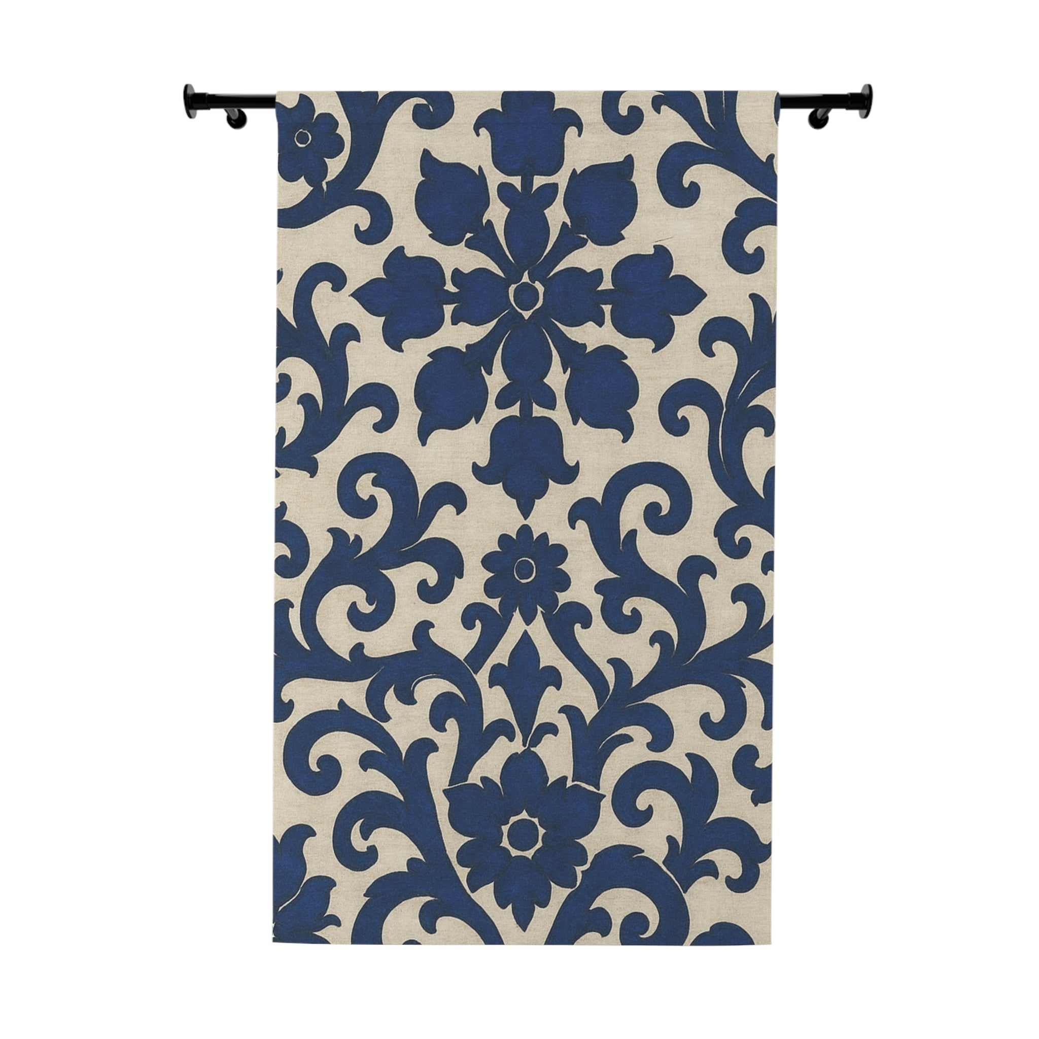 Elegant Floral Window Curtain - Navy Blue Scroll Design