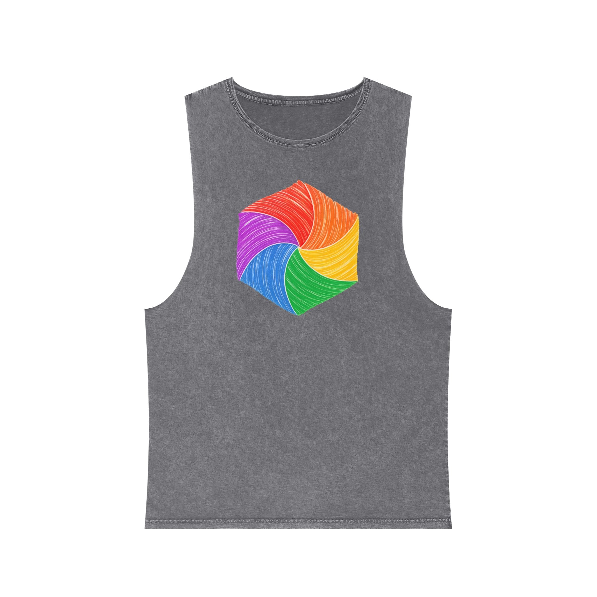Vibrant Geometry Stonewash Tank Top, Summer Fitness Shirt, Unisex Workout Apparel, Beachwear, Ideal Gift for Art Lovers