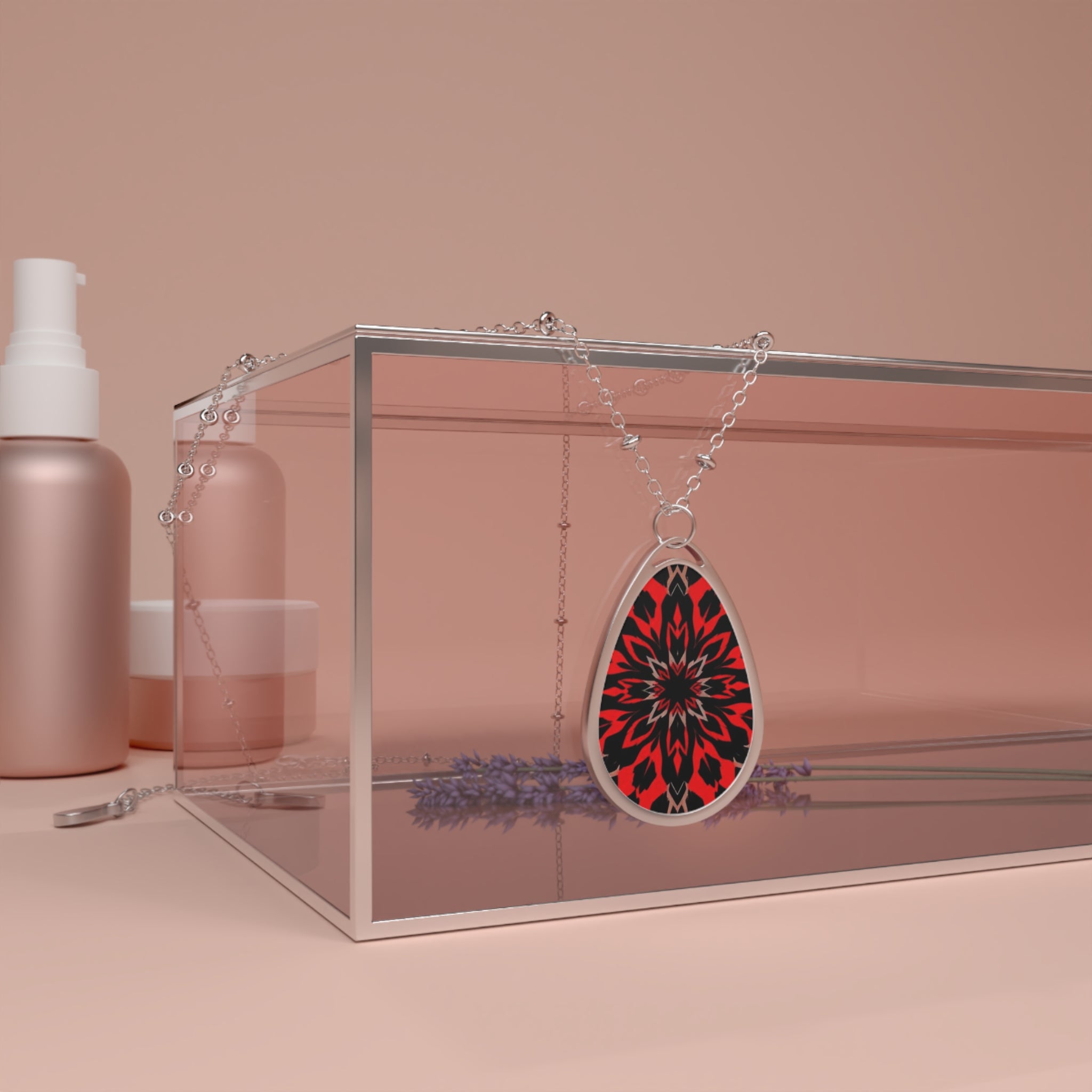 Bohemian Oval Necklace with Red Floral Design - Unique Statement Jewelry