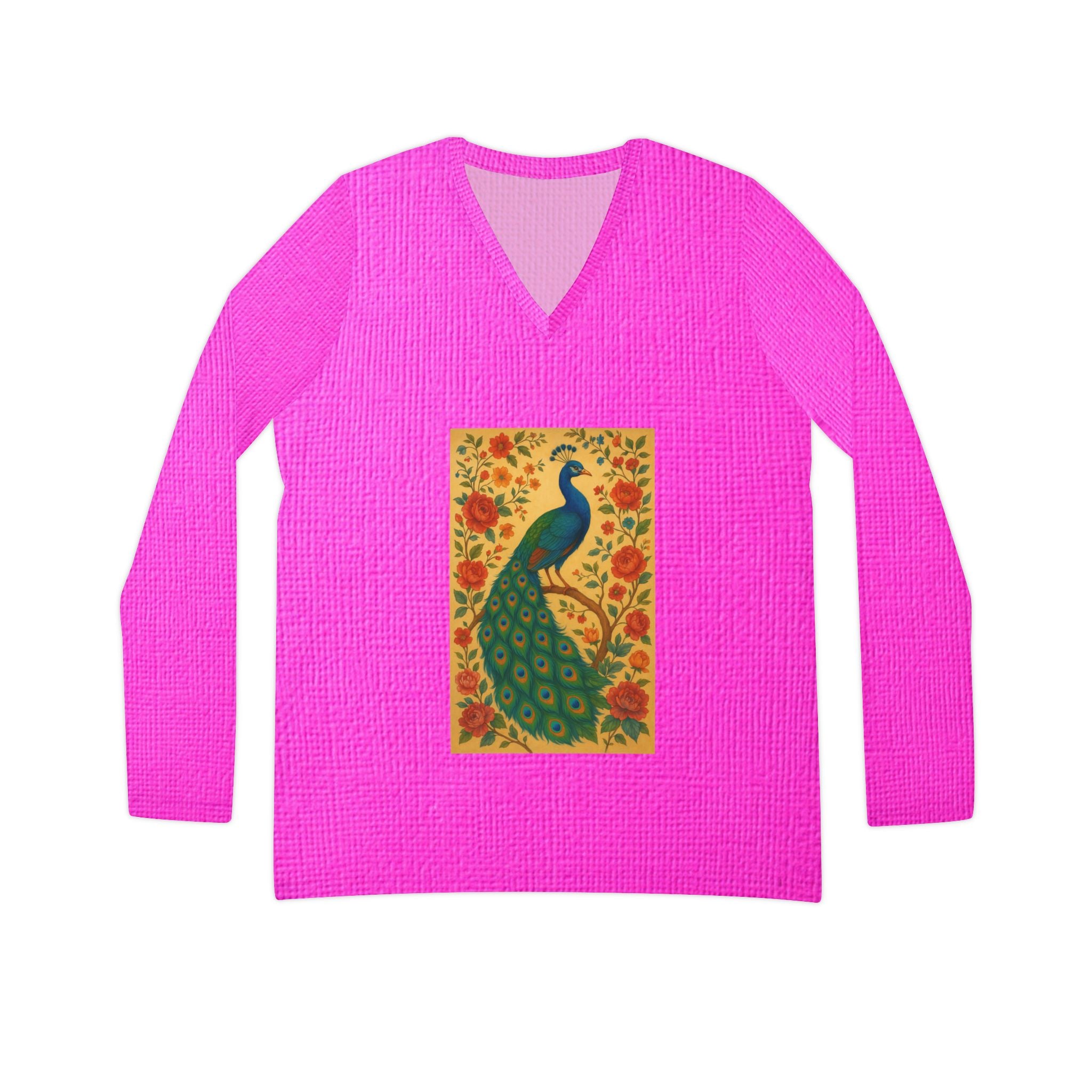 Feminine Pink Peacock Long Sleeve V-Neck Shirt