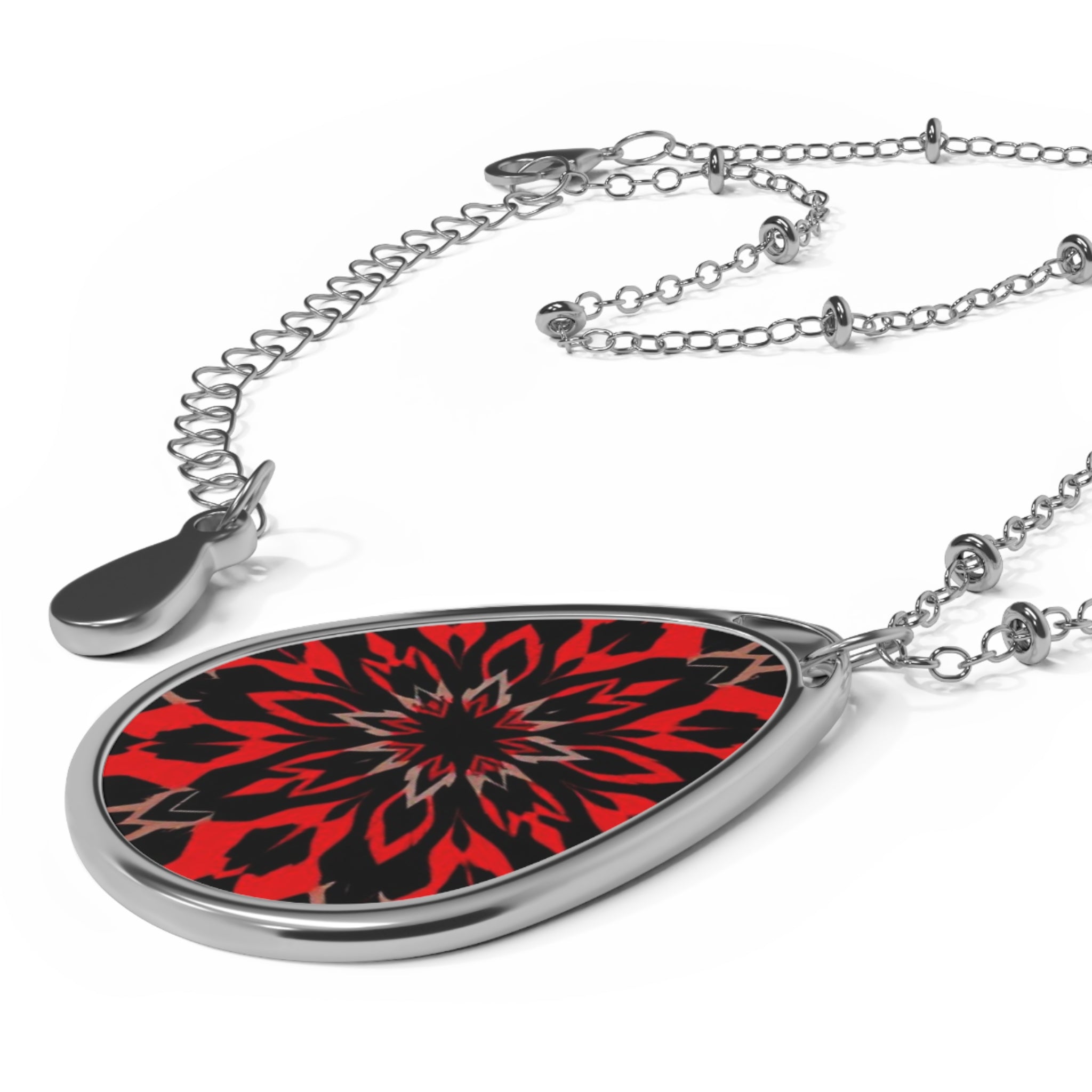 Bohemian Oval Necklace with Red Floral Design - Unique Statement Jewelry