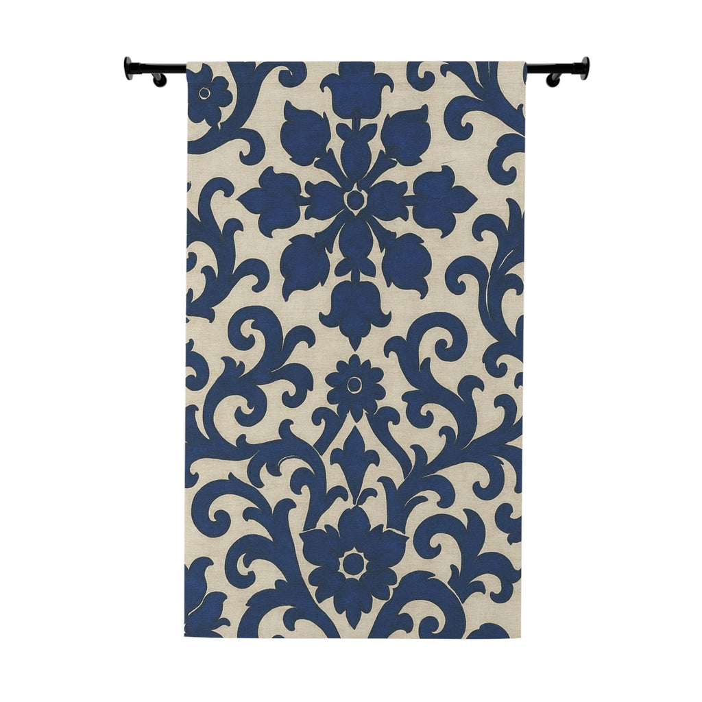 Elegant Floral Window Curtain - Navy Blue Scroll Design