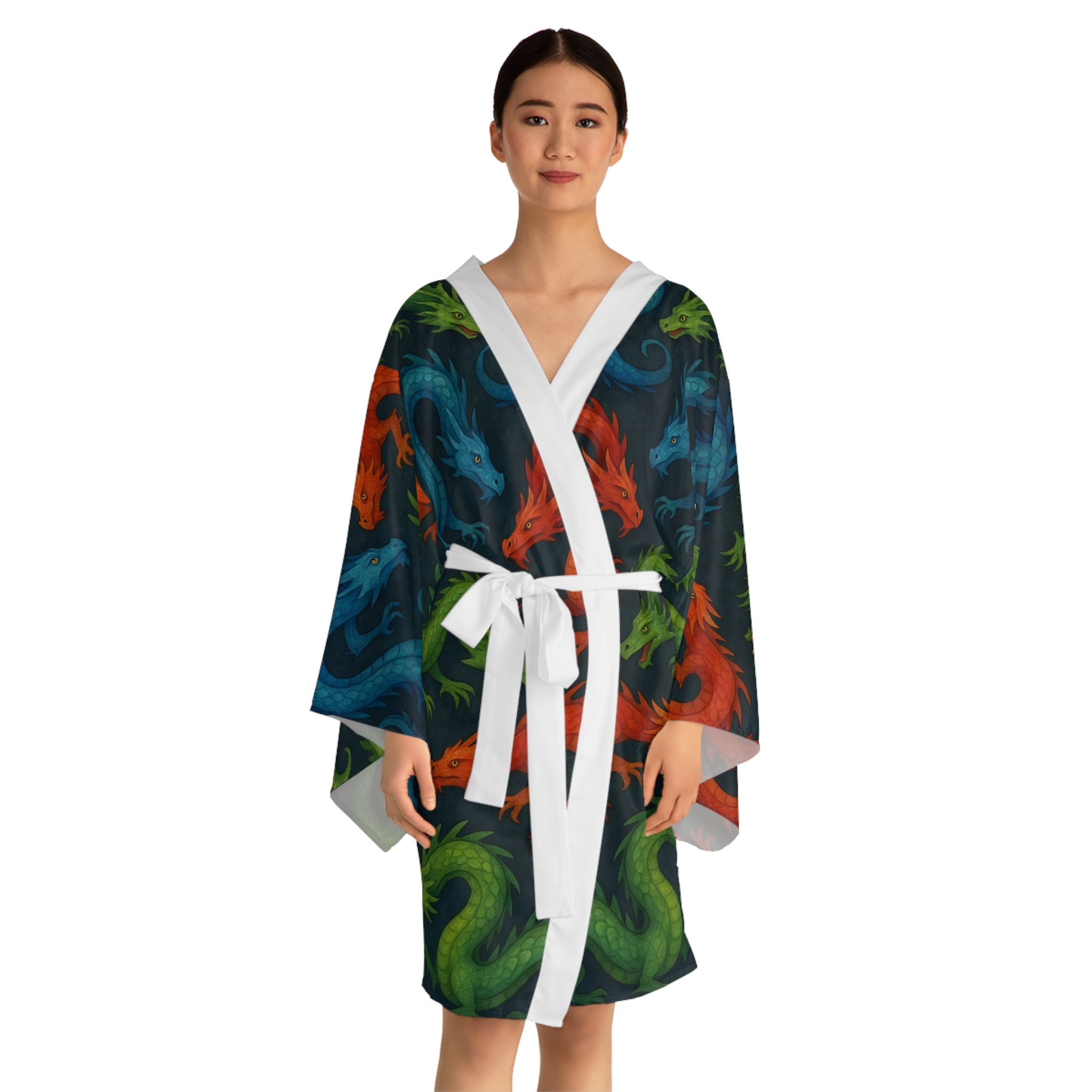 Dragons Print Long Sleeve Kimono Robe - Stylish and Cozy Loungewear