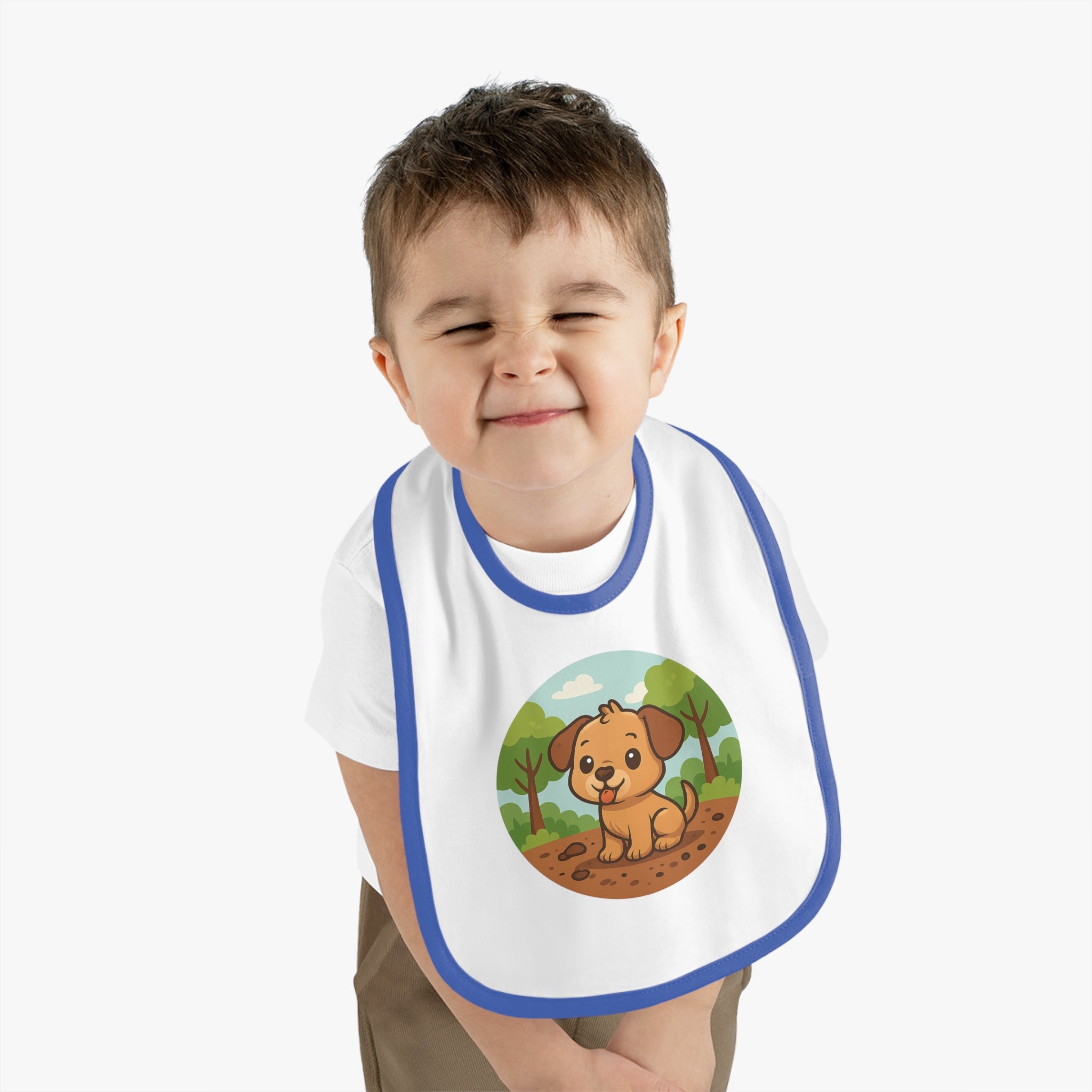 Cute Puppy Graphic Baby Bib - Contrast Trim Jersey Bib for Mess-Free Meals
