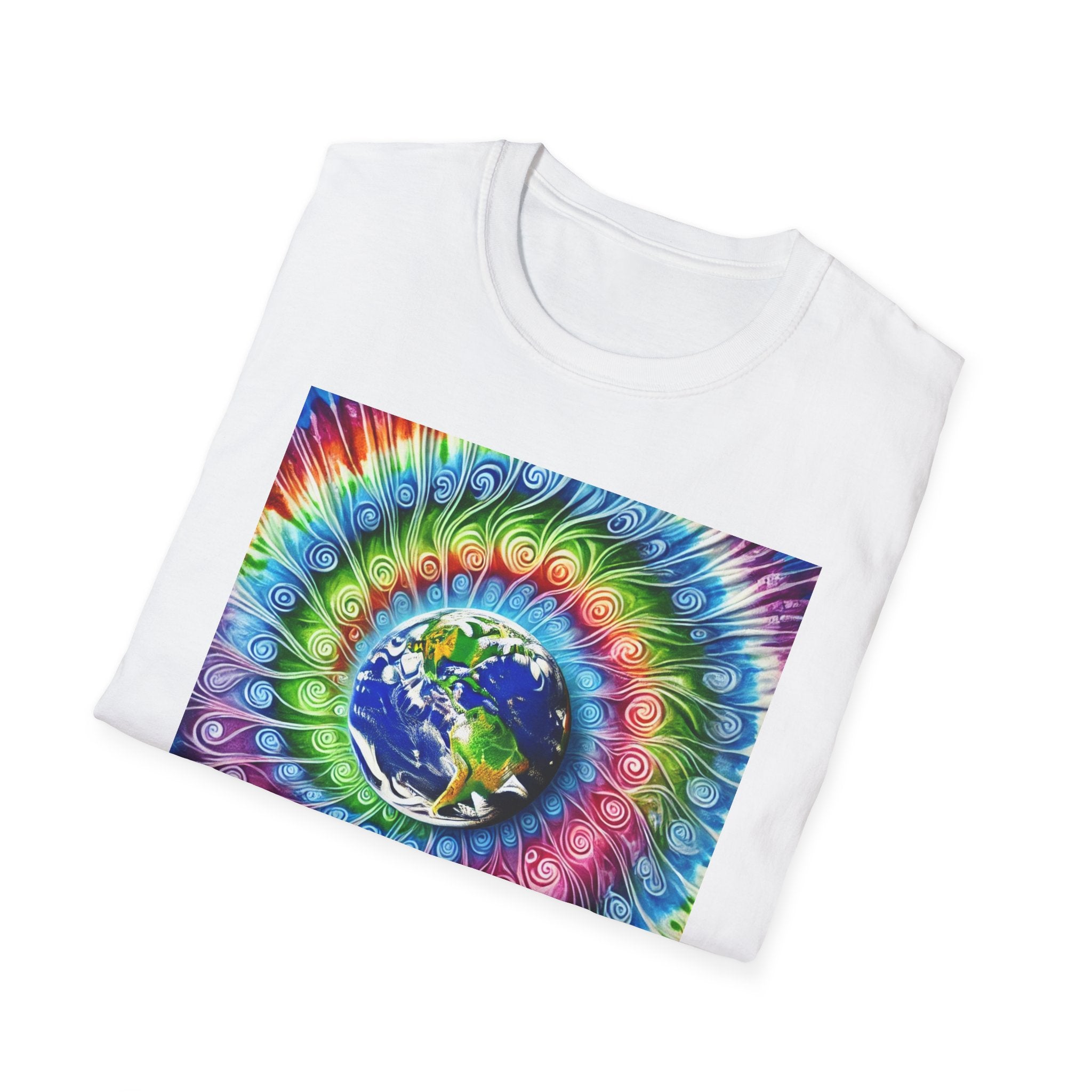 Colorful Tie-Dye Earth Design T-Shirt - Unisex Softstyle Tee for Nature Lovers