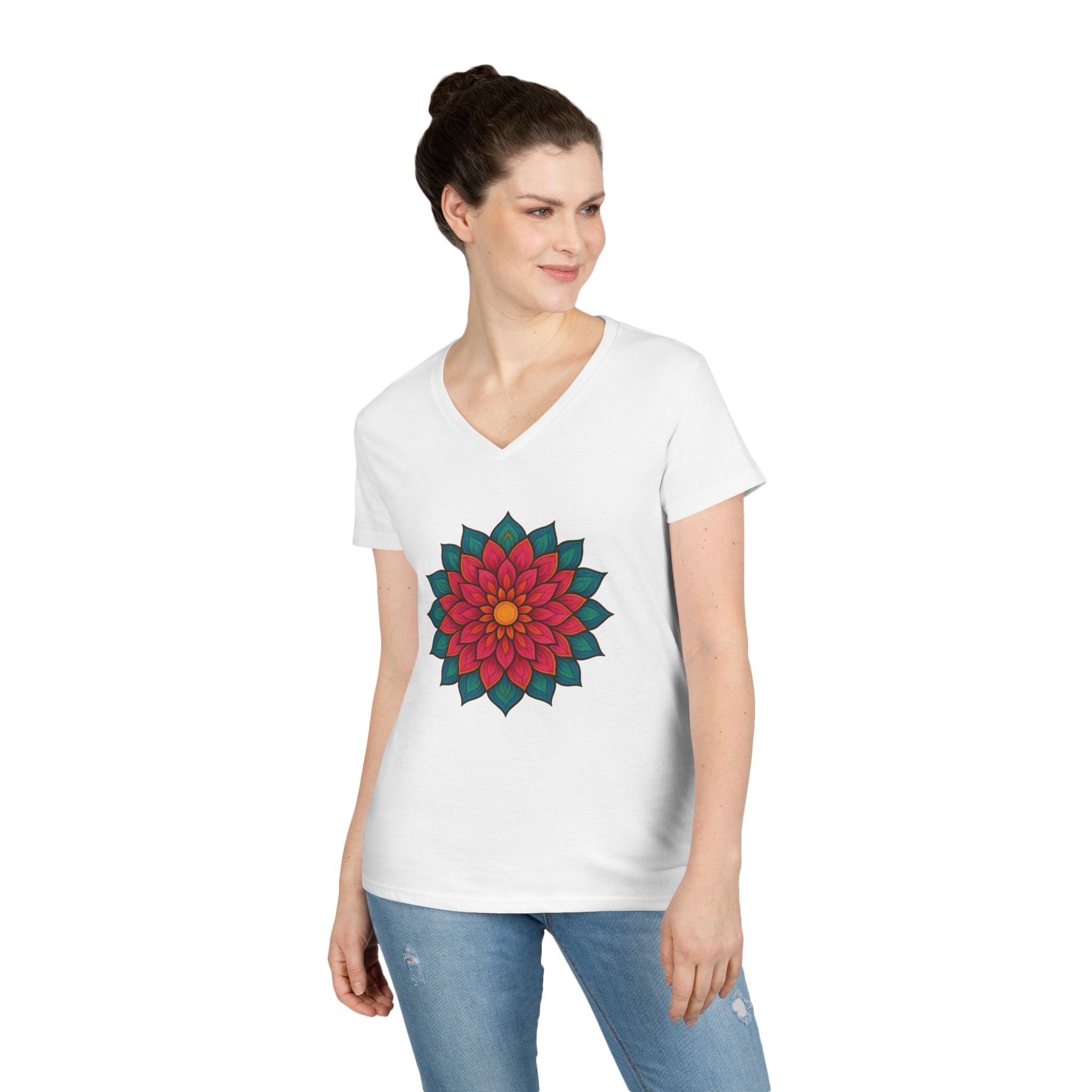 Colorful Floral Ladies' V-Neck T-Shirt - Stylish & Comfortable Wear for Casual Occasions
