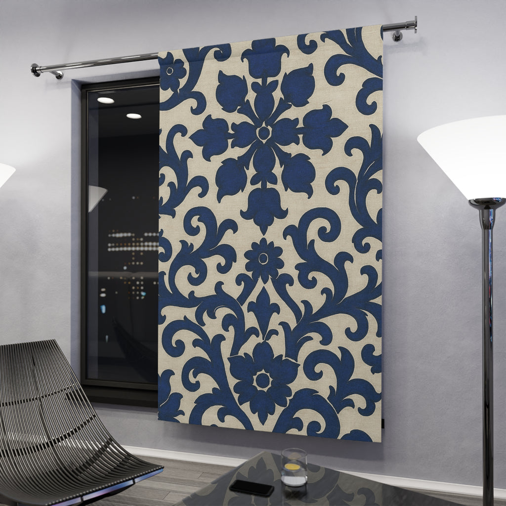 Elegant Floral Window Curtain - Navy Blue Scroll Design