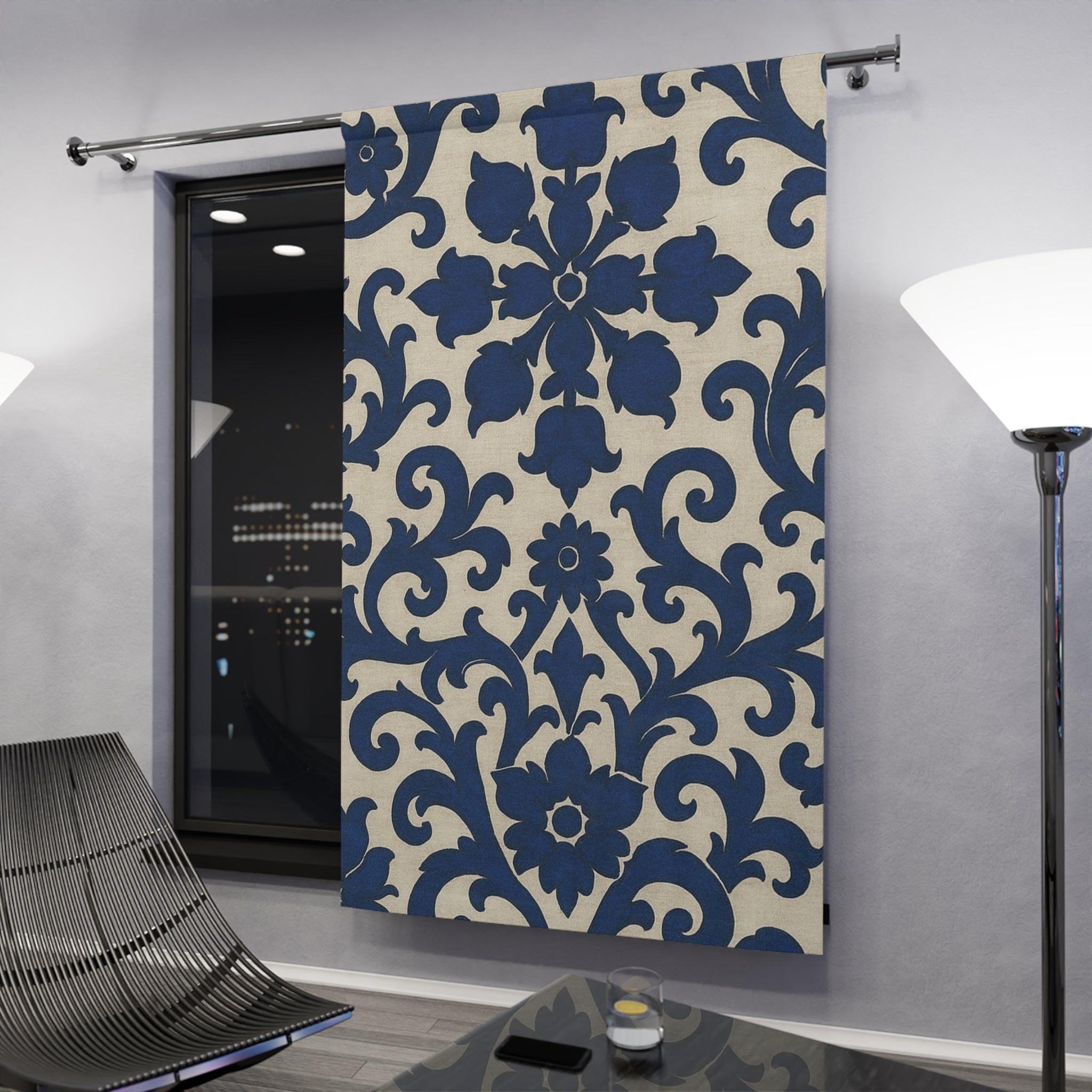 Elegant Floral Window Curtain - Navy Blue Scroll Design