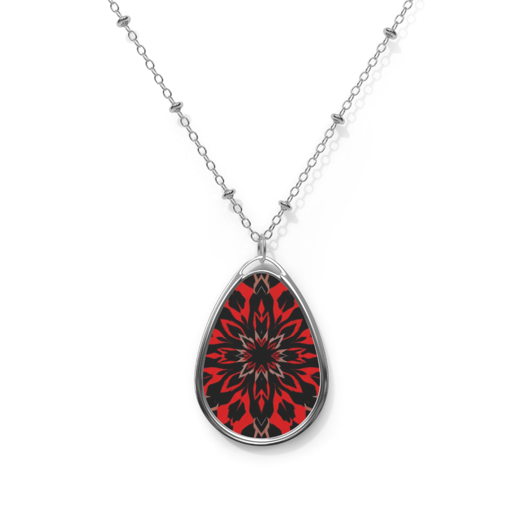Bohemian Oval Necklace with Red Floral Design - Unique Statement Jewelry