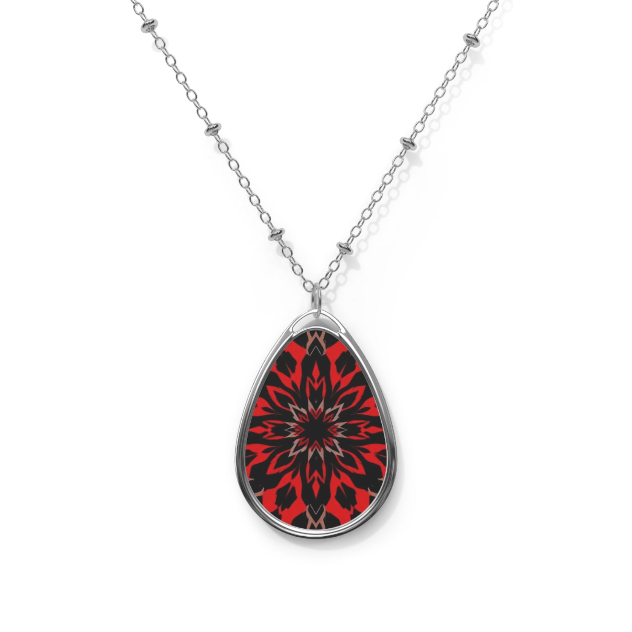 Bohemian Oval Necklace with Red Floral Design - Unique Statement Jewelry