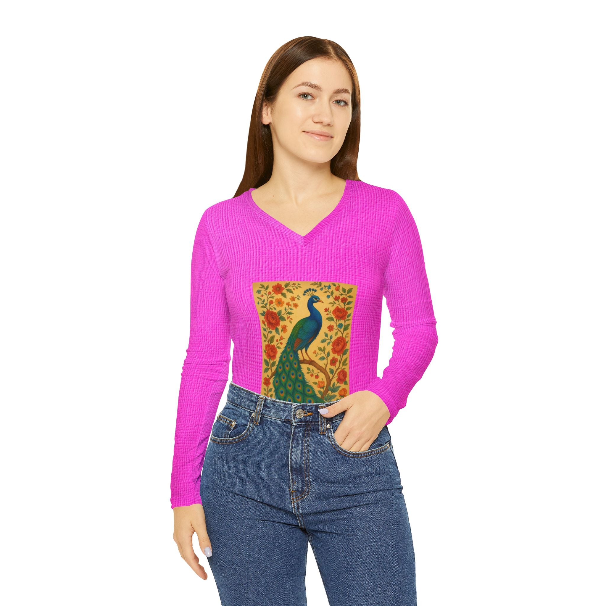 Feminine Pink Peacock Long Sleeve V-Neck Shirt