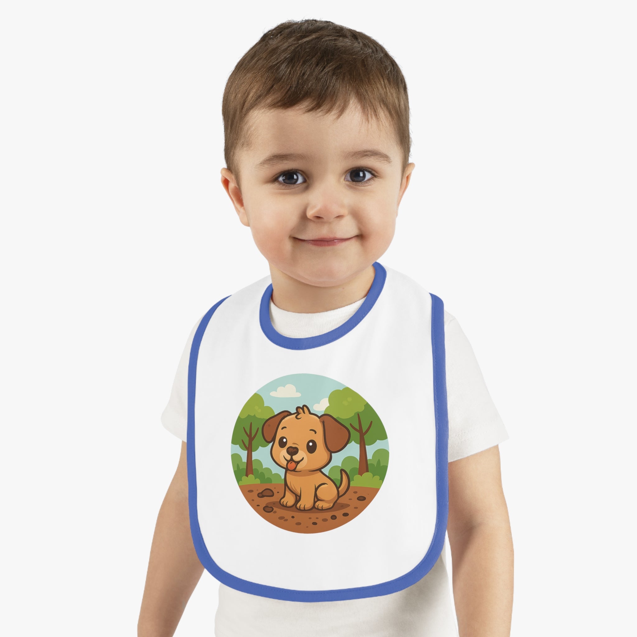 Cute Puppy Graphic Baby Bib - Contrast Trim Jersey Bib for Mess-Free Meals