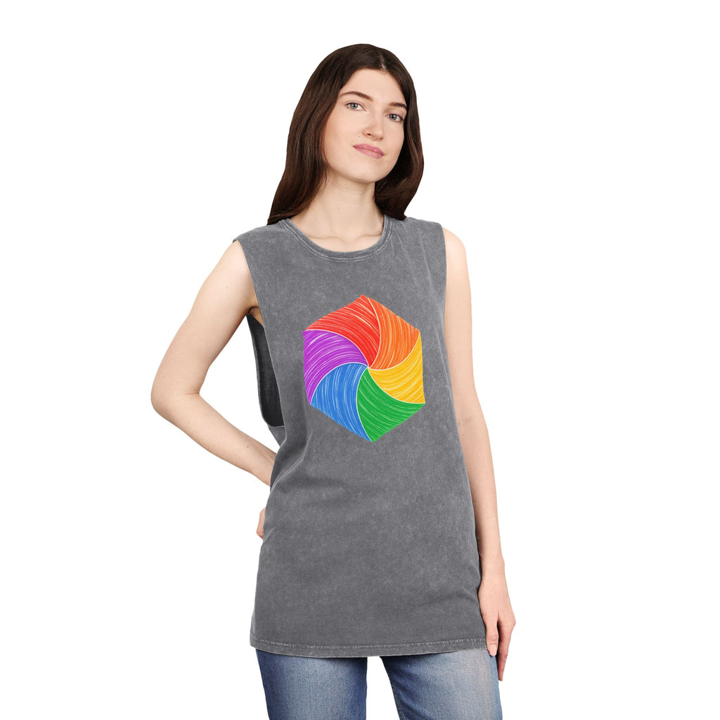 Vibrant Geometry Stonewash Tank Top, Summer Fitness Shirt, Unisex Workout Apparel, Beachwear, Ideal Gift for Art Lovers