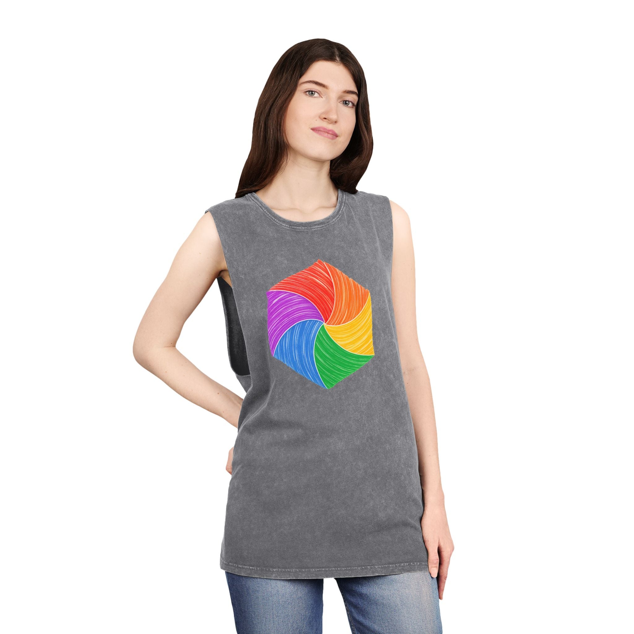 Vibrant Geometry Stonewash Tank Top, Summer Fitness Shirt, Unisex Workout Apparel, Beachwear, Ideal Gift for Art Lovers