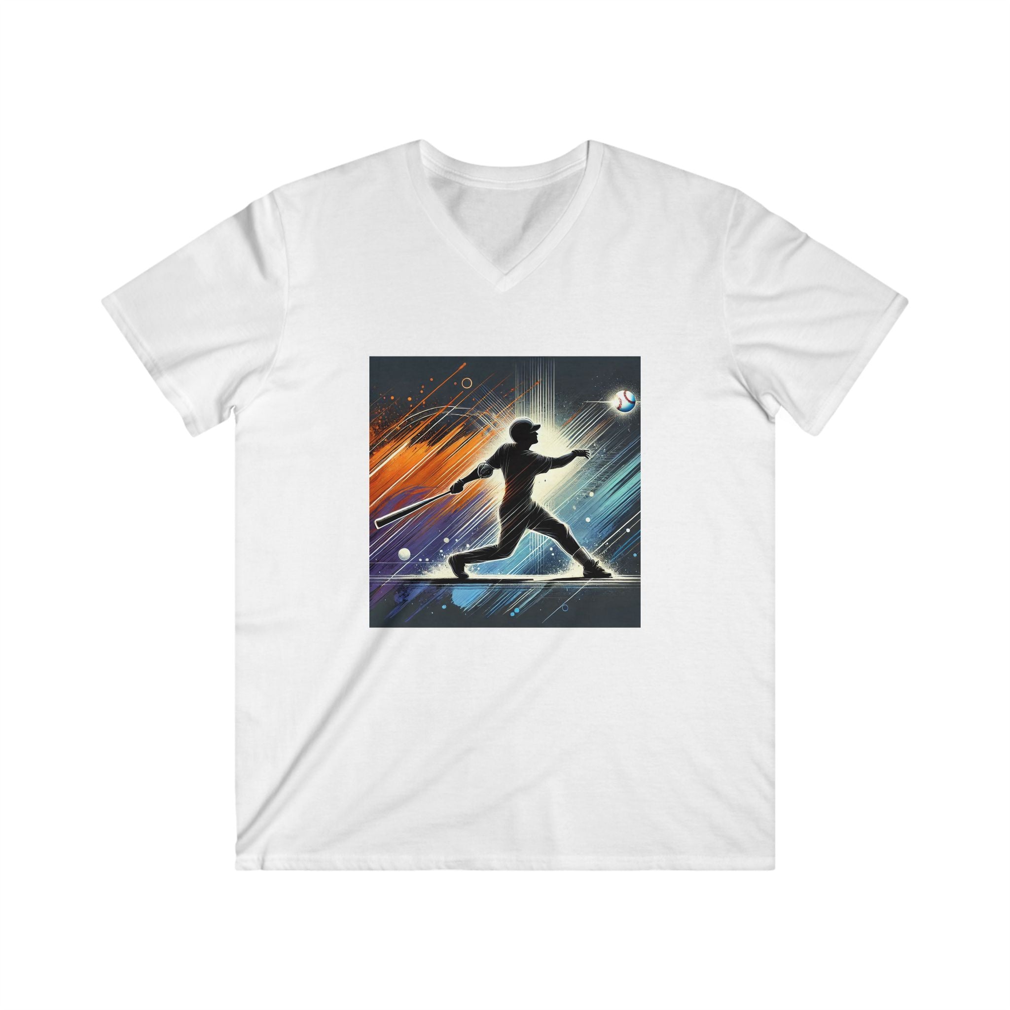 Artistic Baseball Player Men's Fitted V-Neck Tee - Playful Art for Music Lovers