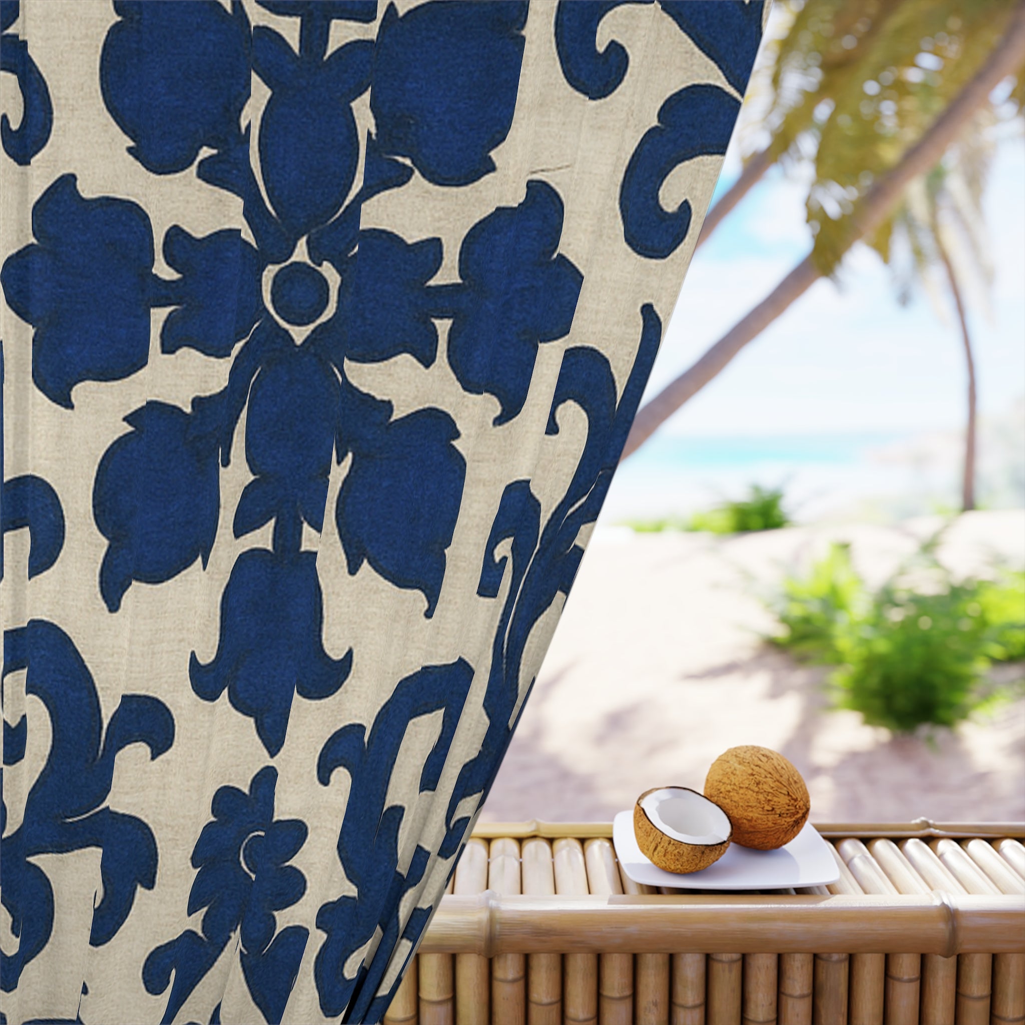 Elegant Floral Window Curtain - Navy Blue Scroll Design