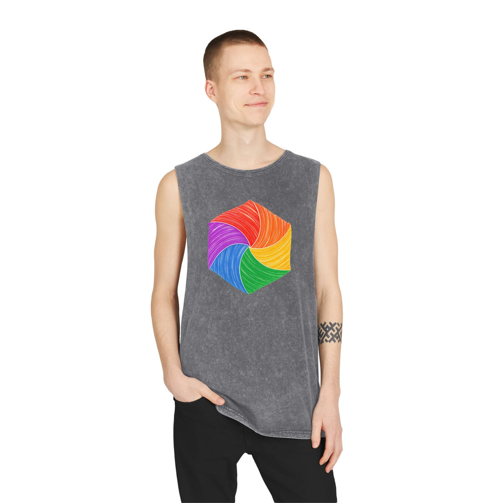 Vibrant Geometry Stonewash Tank Top, Summer Fitness Shirt, Unisex Workout Apparel, Beachwear, Ideal Gift for Art Lovers