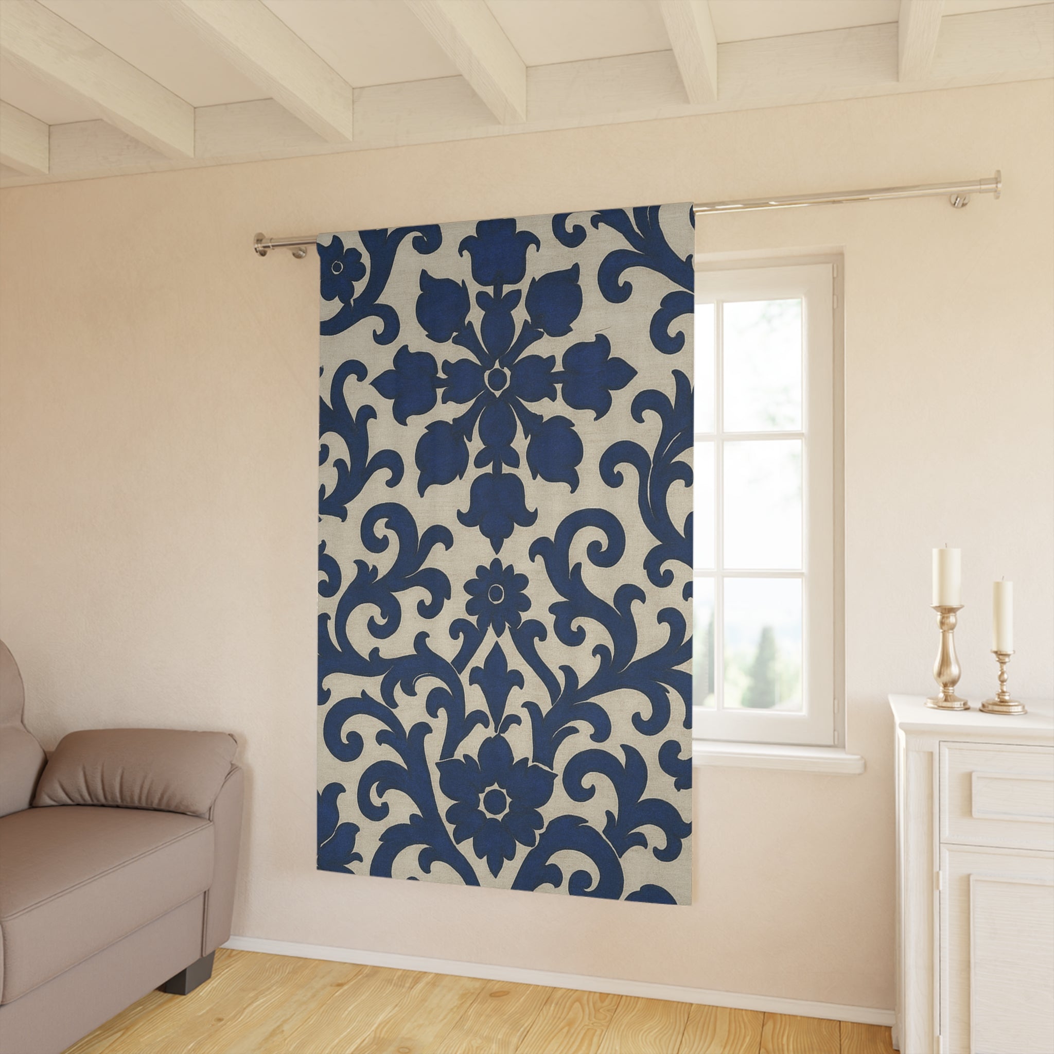 Elegant Floral Window Curtain - Navy Blue Scroll Design